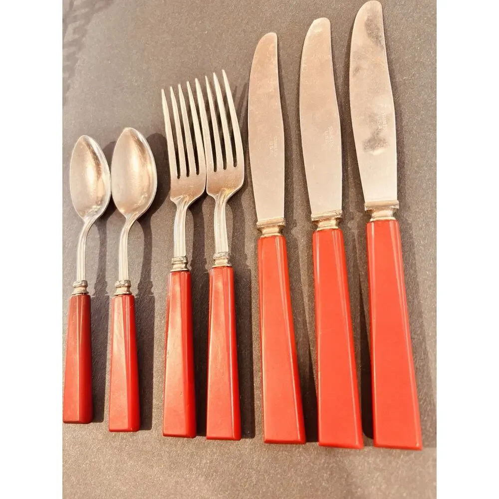 Vintage Red Bakelite Art Deco Flatware Silverware Stainless USA 7 Pcs Set